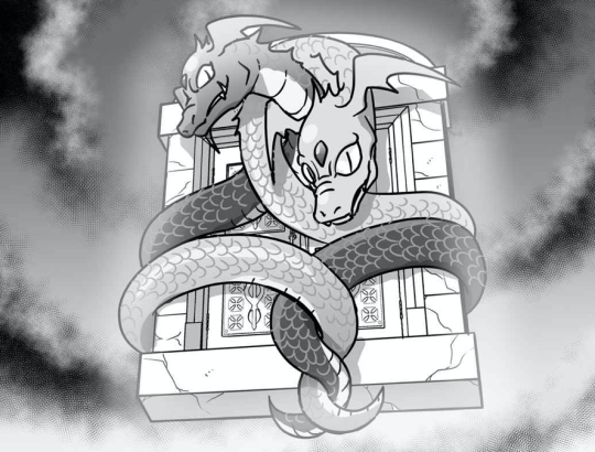 A blak and white drawing of Ouroboros curled around the doors.