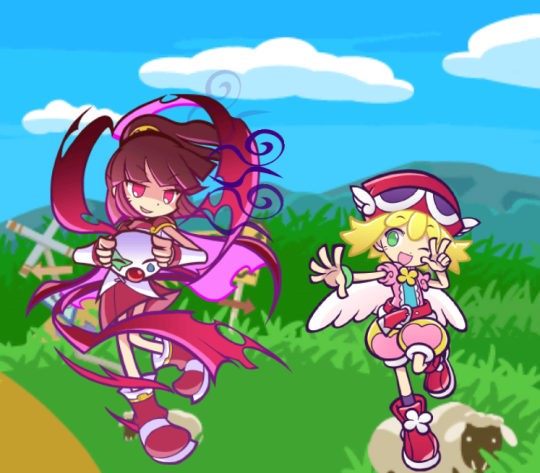A screenshot from Puyo Puyo!! Quest of Doppelganger Arle and Amitie.