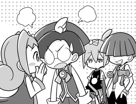 A black and white illustration of Ally, Klug, Sig, and Maguro. Klug is talking angrily to Ally, who has her hands clasped to her mouth in embarrassment. Sig and Maguro are watching them talk from a short distance away.
