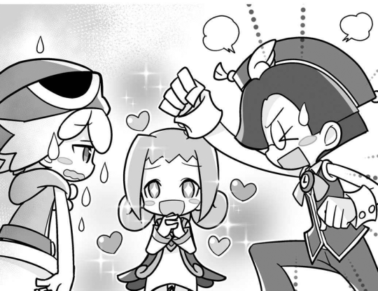 A black and white drawing of Amitie, Ally, and Klug. Klug is scolding an unamused Amitie while Ally looks on with an enthralled expression.
