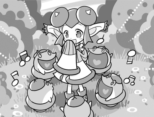 A black and white drawing of Lidelle surrounded by singing acorn frogs.