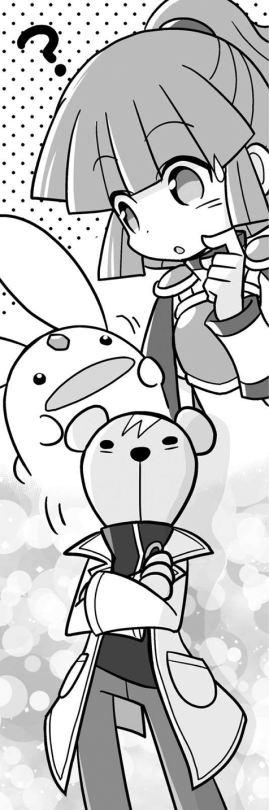 A black and white drawing of Arle, Carbuncle, and Risukuma. Arle and Carbuncle are looking at each other quizzically while Risukuma stares straight ahead.