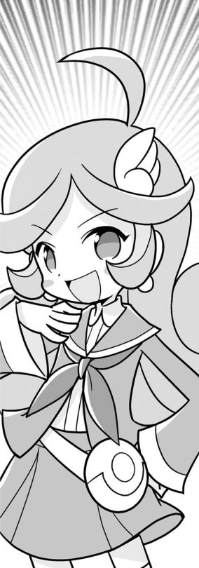 A black and white drawing of Raffina. She has a wide smile and is posed confidently with her right hand up to her chin and her left hand on her hip.