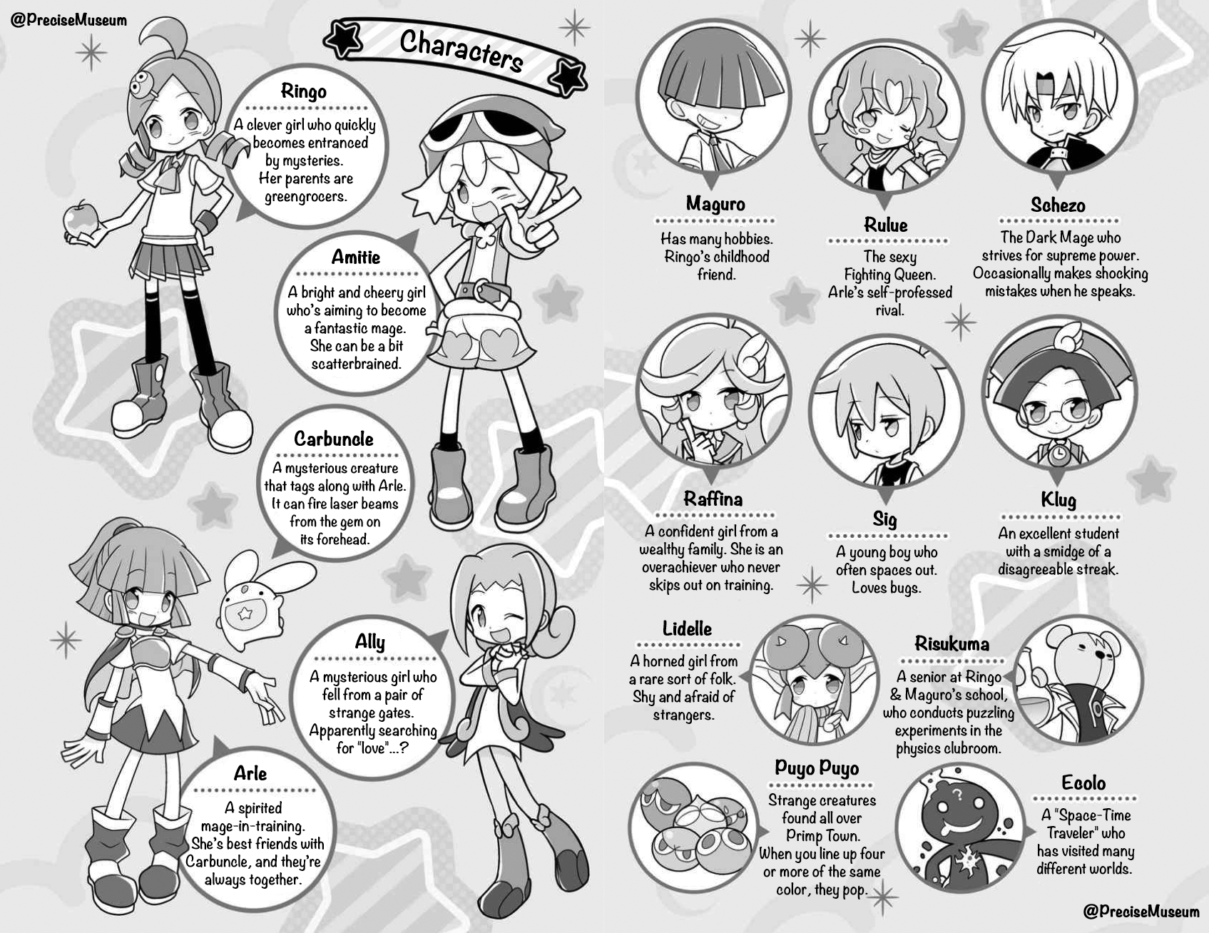 The character introduction pages for Amitie and the Girl of Love