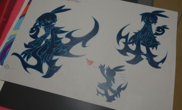 A photograph of some concept art of Dark Sig. His entire body is a black color while the lineart is a light blue.