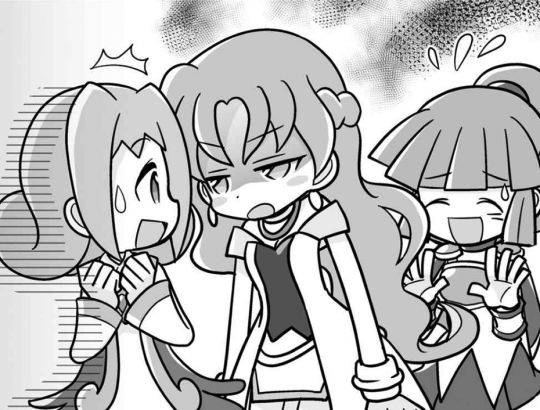 A drawing of Ally, Rulue, and Arle. Rulue is glaring at Ally with an intense expression while Arle tries to calm her down.