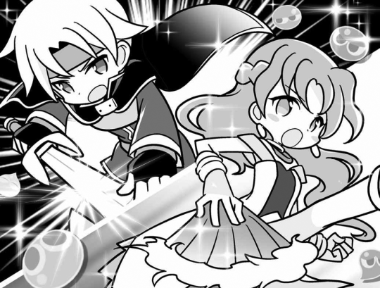 IA black and white drawing of Rulue and Schezo having a Puyo battle.
